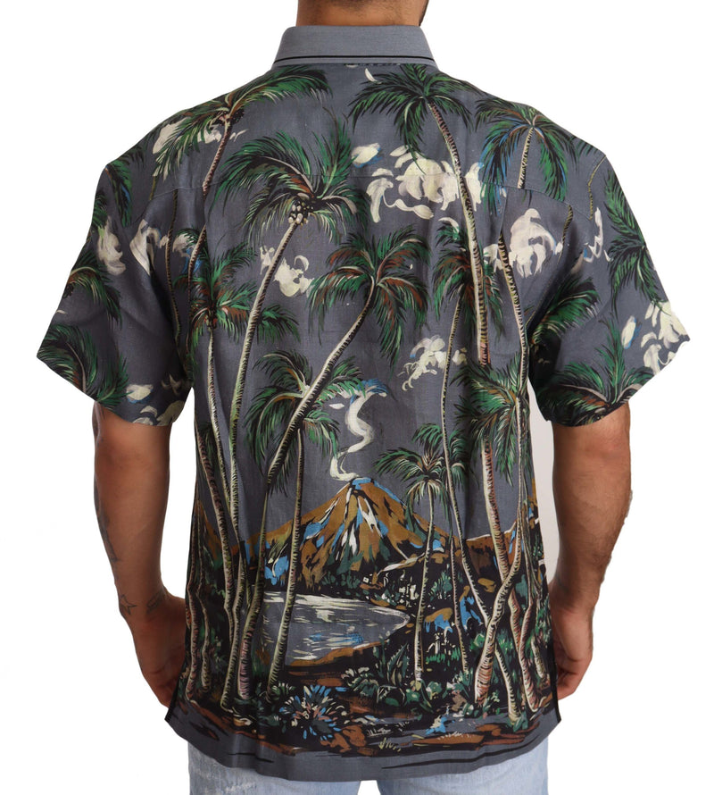 Dolce &amp; Gabbana grijs linnen overhemd met tropisch print en kraag.