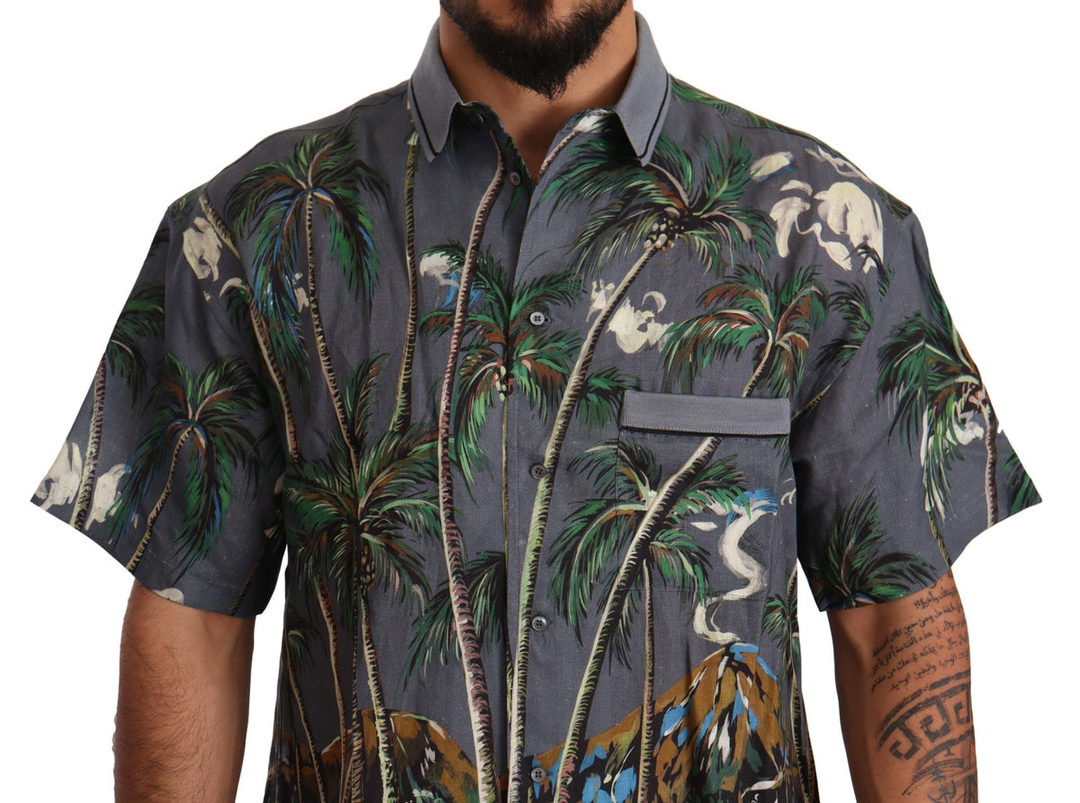 Chemise à col et imprimé tropical en lin gris de Dolce &amp; Gabbana