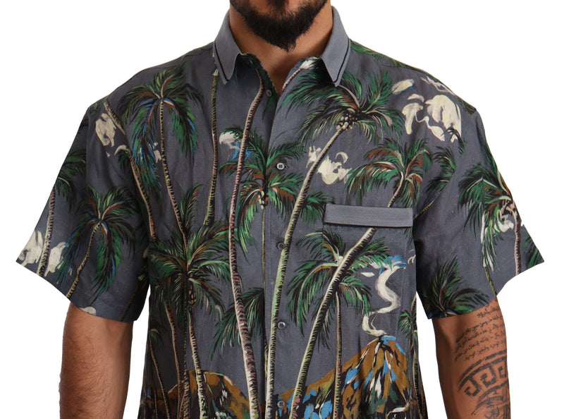 Dolce &amp; Gabbana grijs linnen overhemd met tropisch print en kraag.