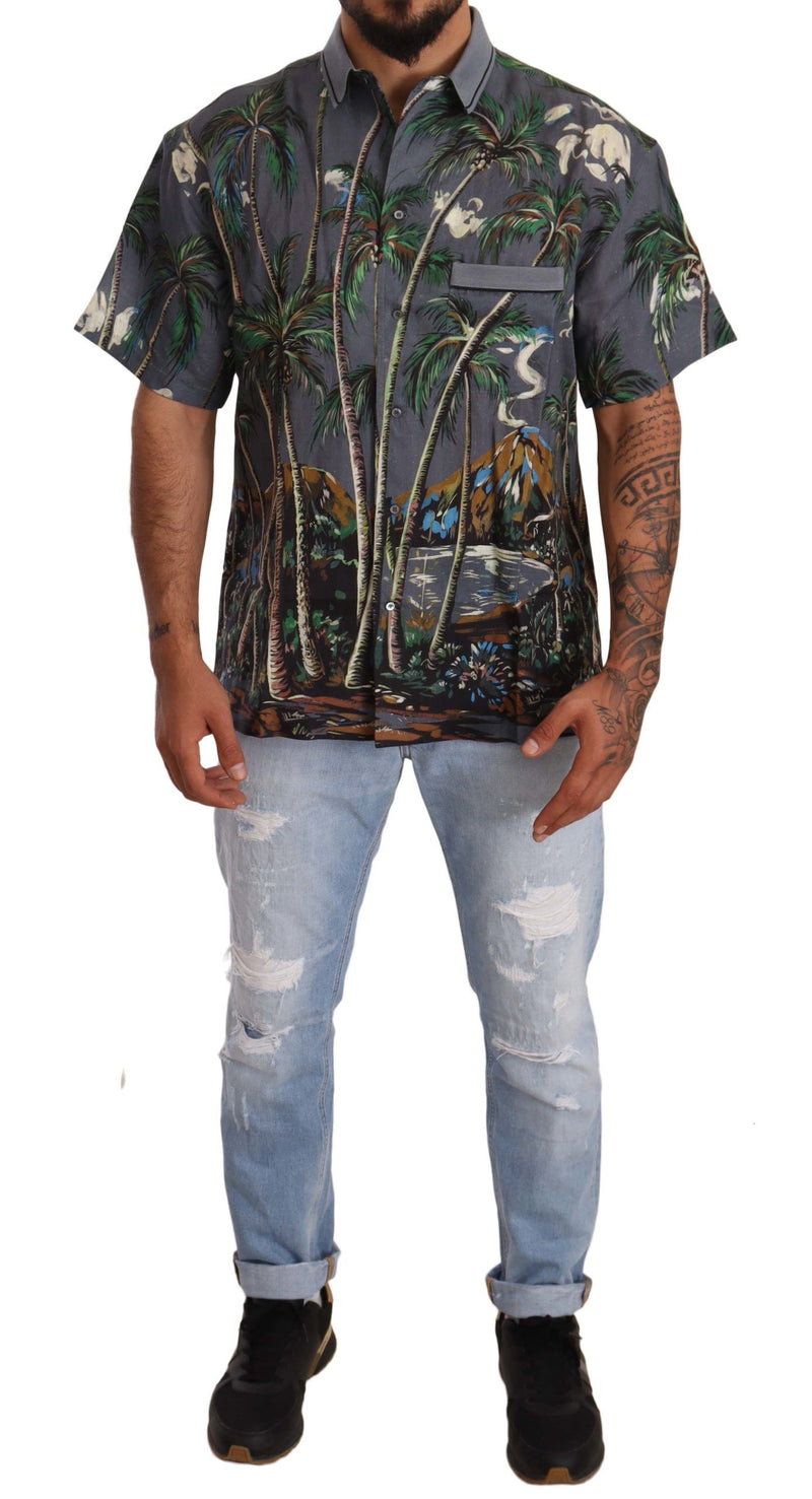 Dolce &amp; Gabbana grijs linnen overhemd met tropisch print en kraag.
