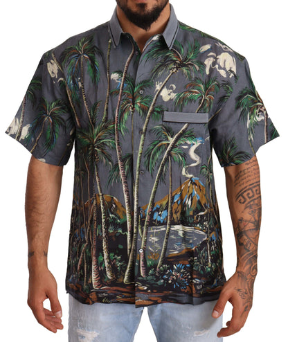 Chemise à col et imprimé tropical en lin gris de Dolce & Gabbana