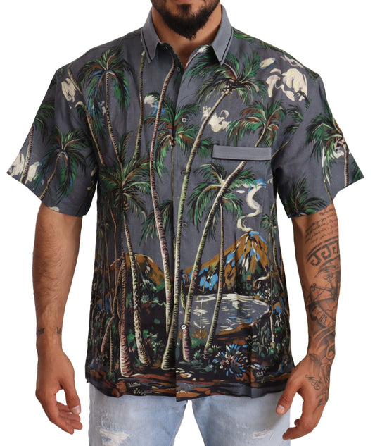 Chemise à col et imprimé tropical en lin gris de Dolce & Gabbana