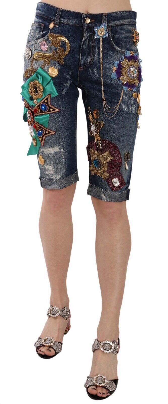 Shorts en jean bleu taille mi-hauteur avec cristaux de Dolce &amp; Gabbana