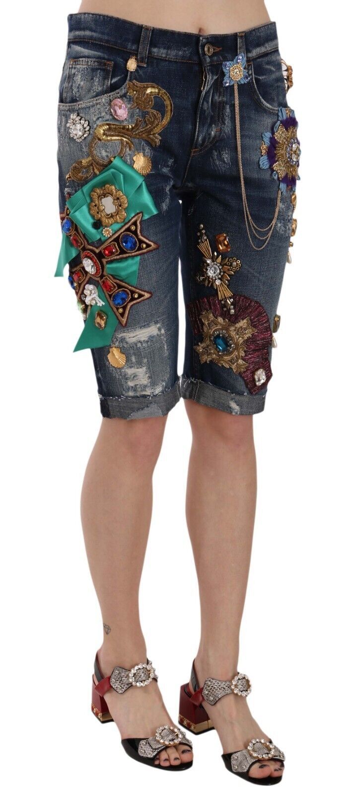 Shorts en jean bleu taille mi-hauteur avec cristaux de Dolce &amp; Gabbana