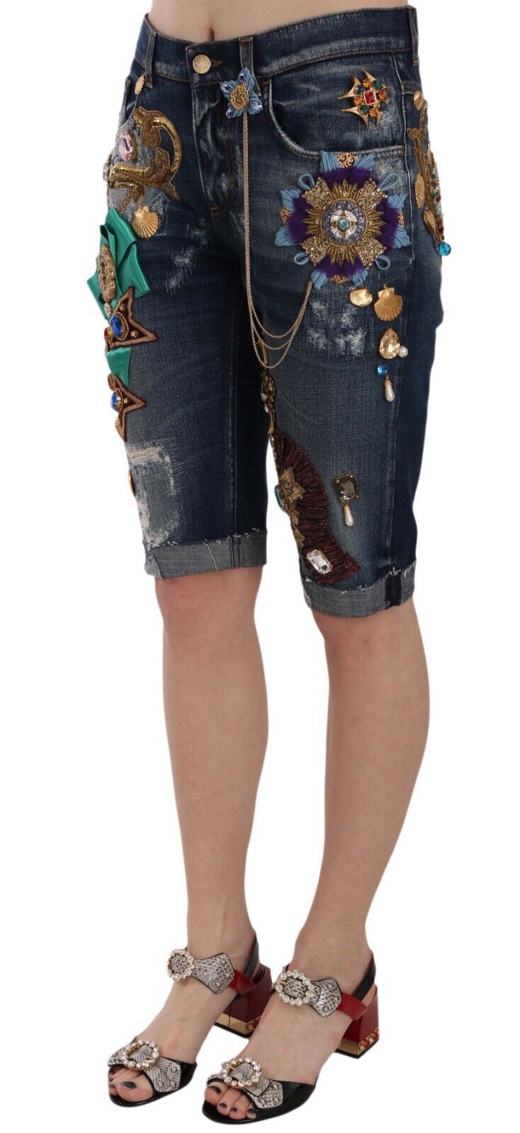 Shorts en jean bleu taille mi-hauteur avec cristaux de Dolce &amp; Gabbana