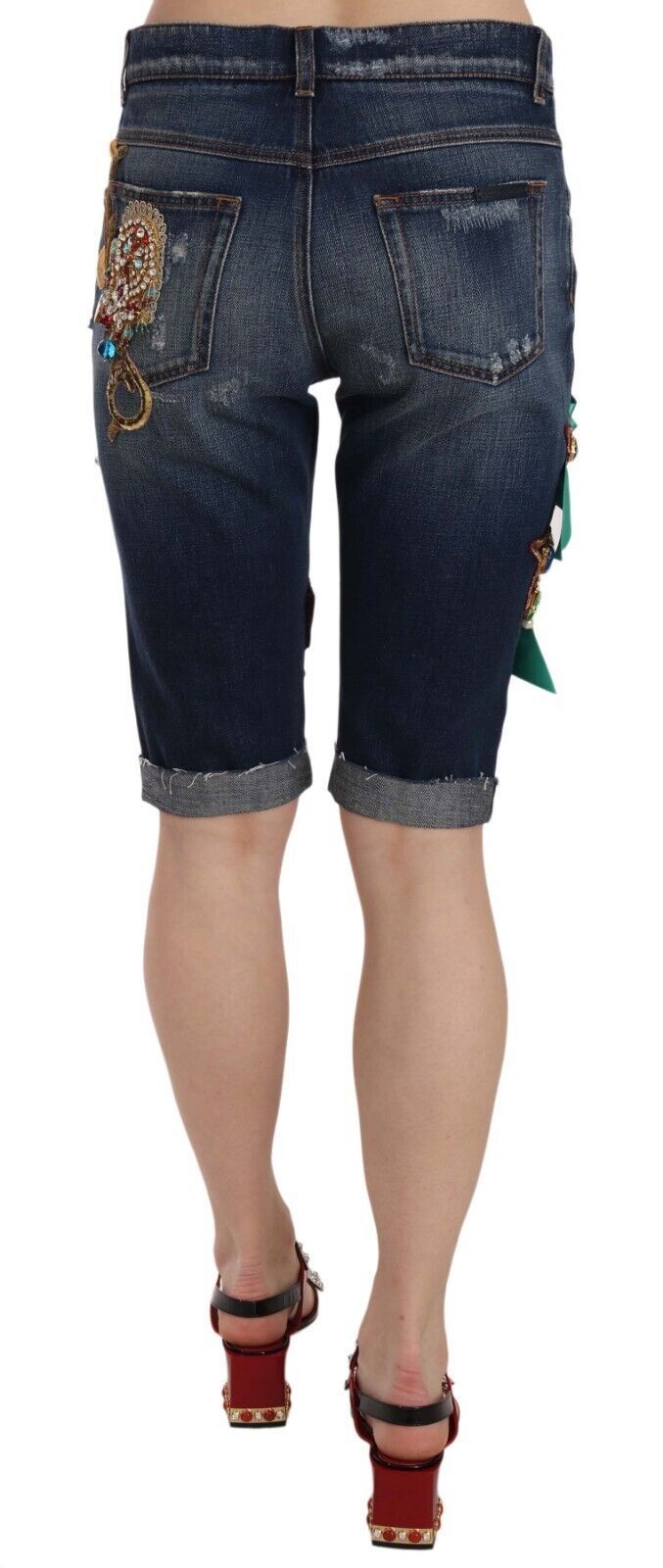 Shorts en jean bleu taille mi-hauteur avec cristaux de Dolce &amp; Gabbana