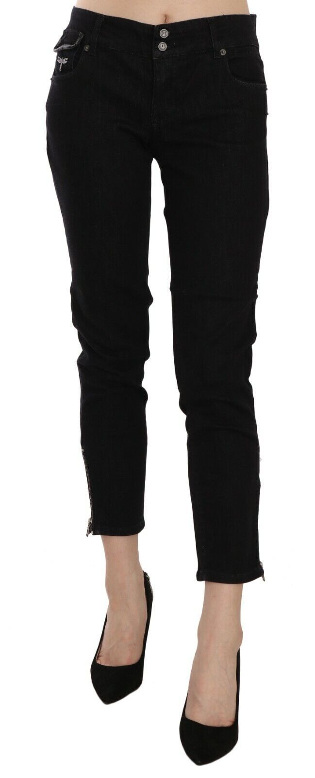 Pantalon décontracté en jean noir taille mi-hauteur, coupe courte et ourlet brut de John Galliano.