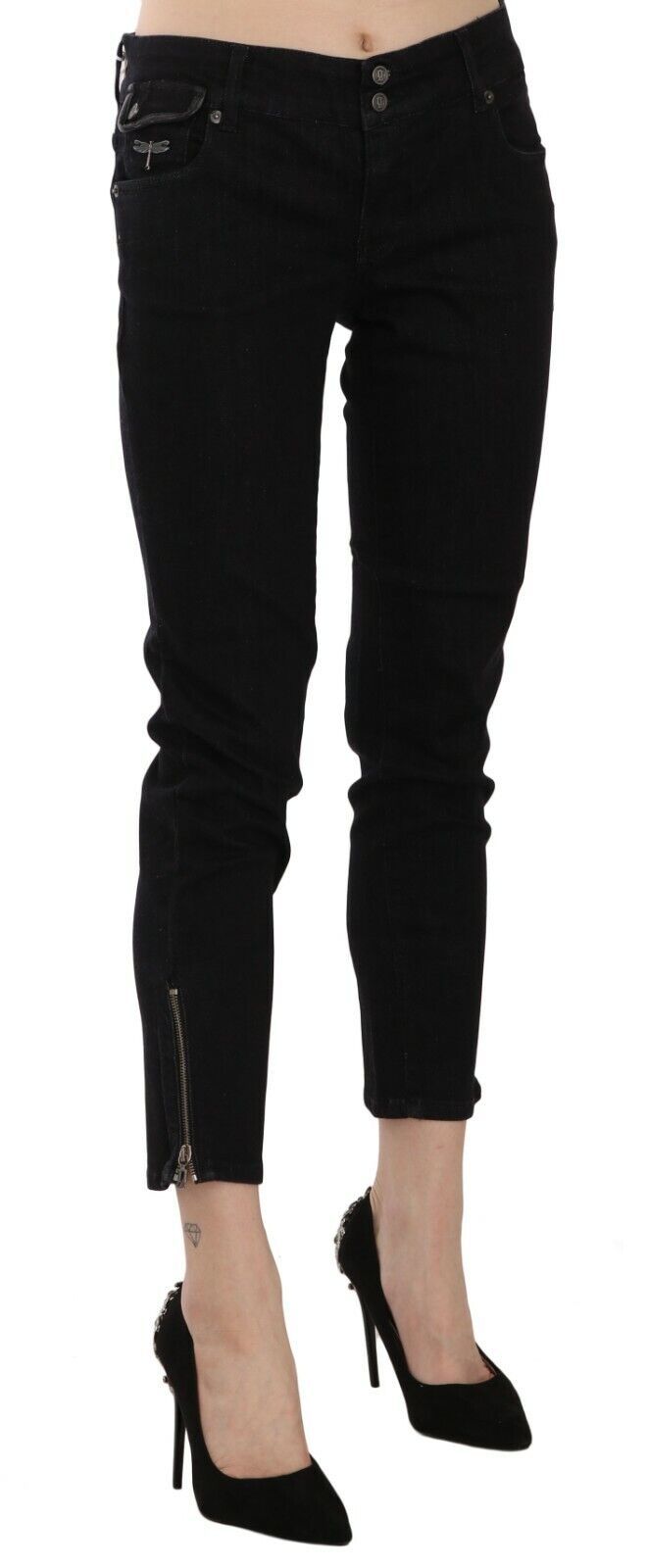 Pantalon décontracté en jean noir taille mi-hauteur, coupe courte et ourlet brut de John Galliano.