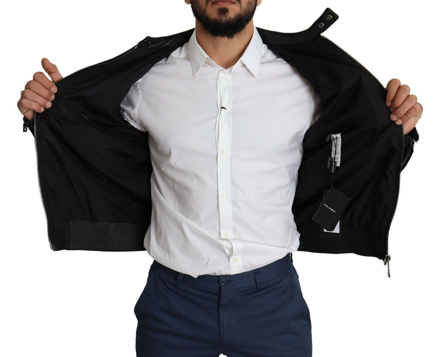 Dolce & Gabbana - Veste bomber pour homme en nylon noir à fermeture éclair intégrale