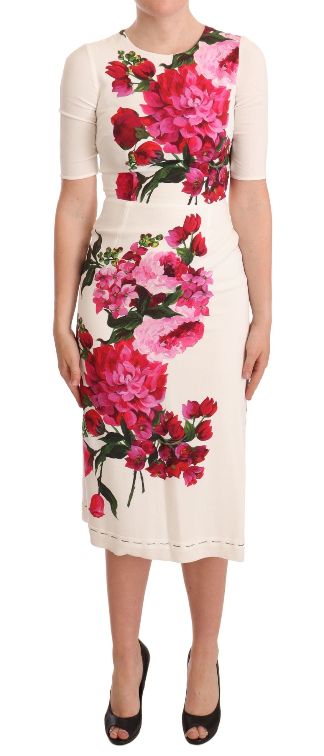 Robe midi en crêpe à imprimé floral blanc de Dolce &amp; Gabbana, fendue sur le côté.