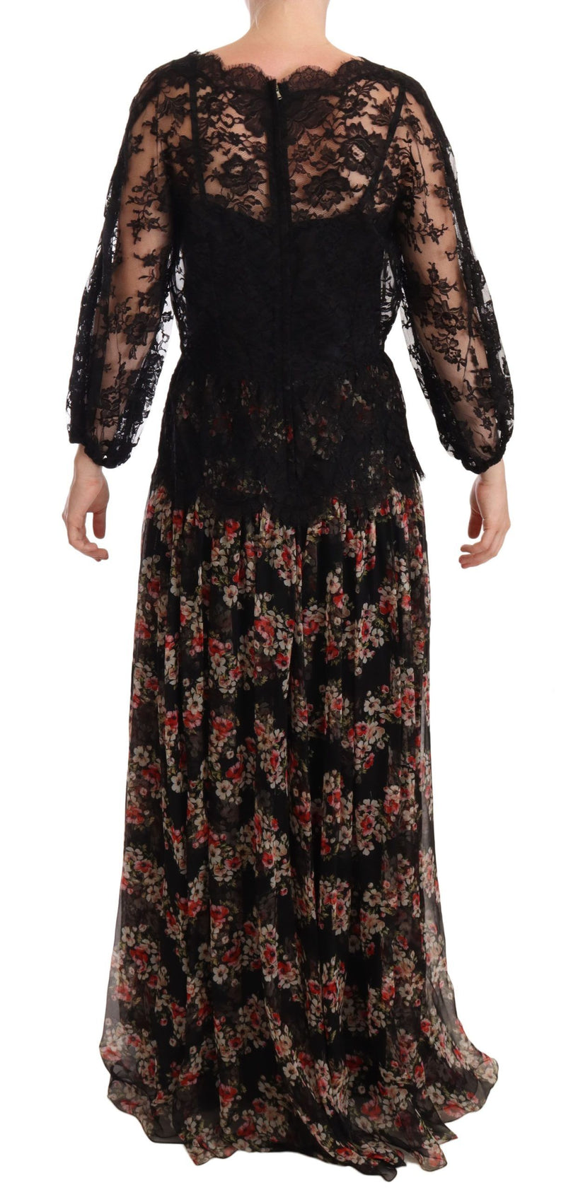 Robe maxi capri à pois floraux en dentelle noire Dolce &amp; Gabbana