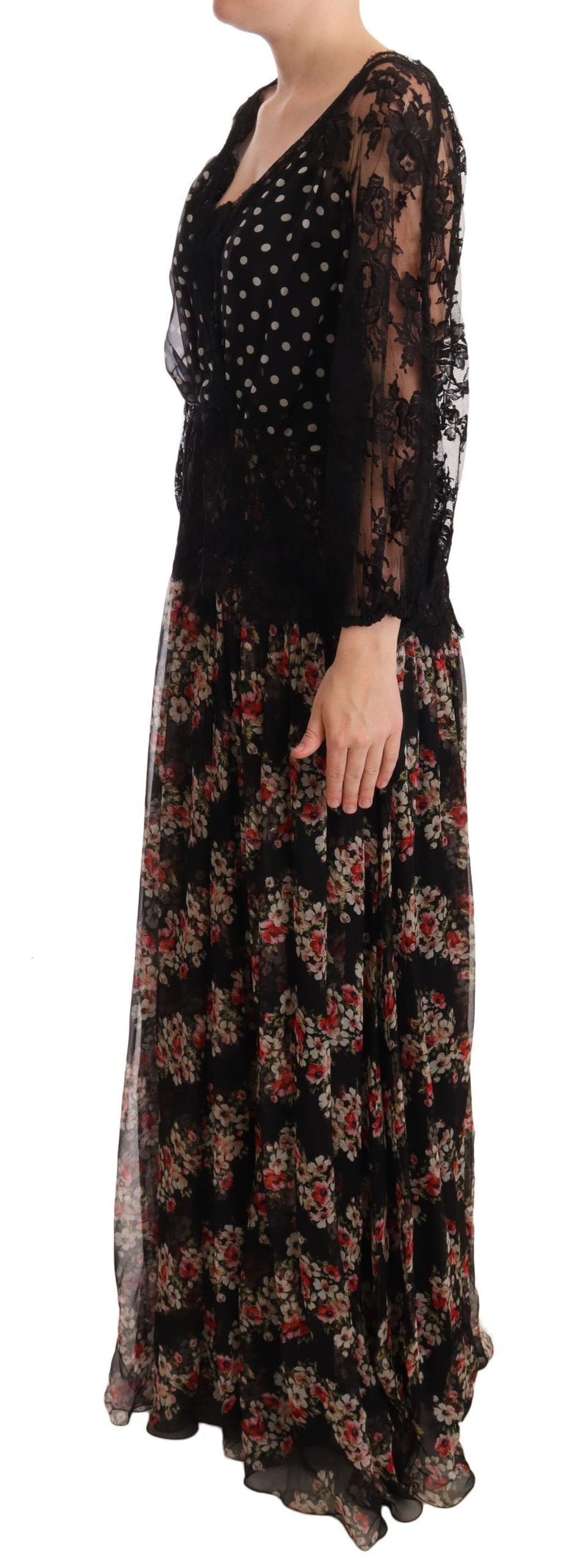 Robe maxi capri à pois floraux en dentelle noire Dolce &amp; Gabbana