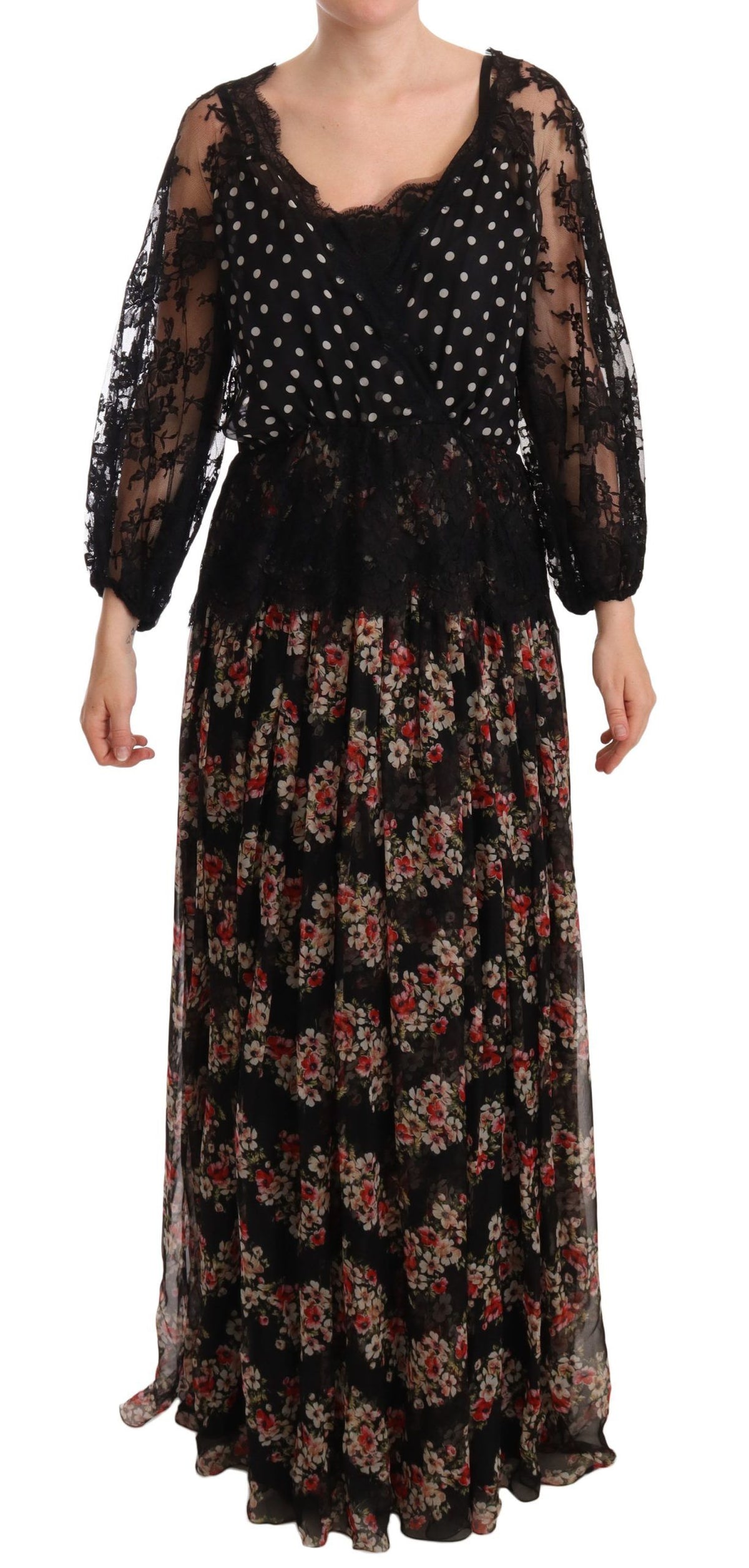 Robe maxi capri à pois floraux en dentelle noire Dolce &amp; Gabbana