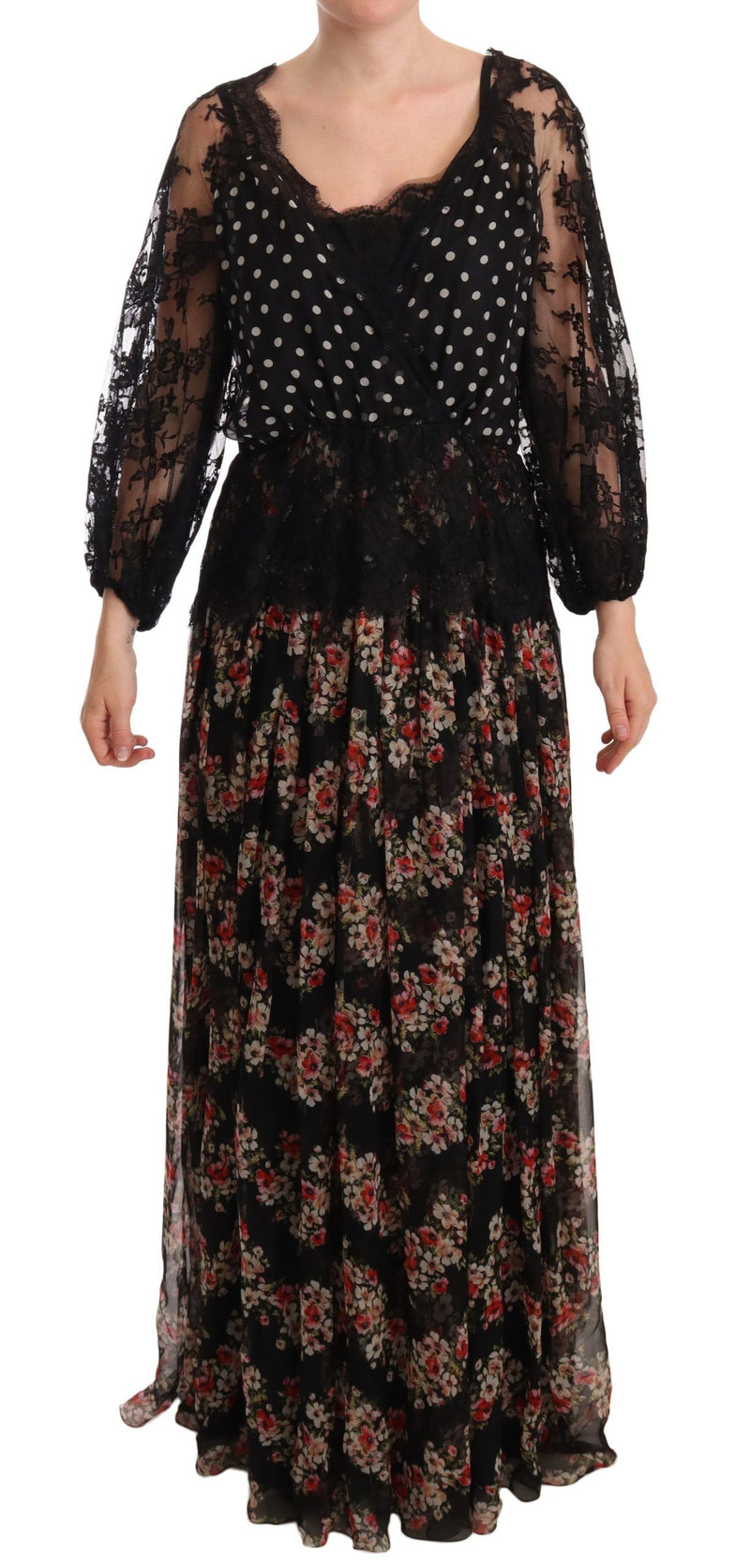 Robe maxi capri à pois floraux en dentelle noire Dolce &amp; Gabbana