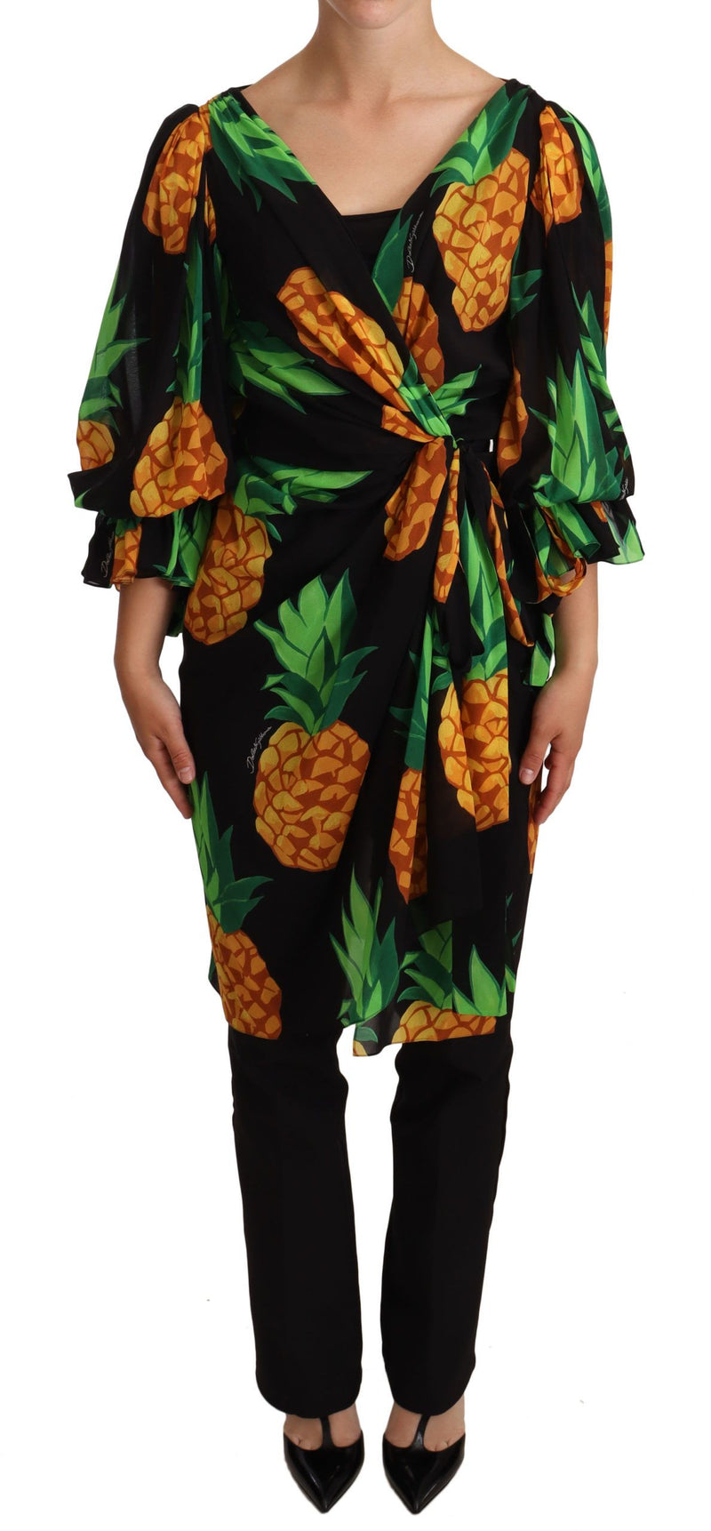 Robe en soie extensible à imprimé ananas noir à envelopper de Dolce &amp; Gabbana