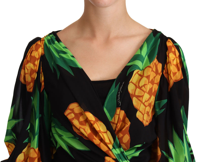 Robe en soie extensible à imprimé ananas noir à envelopper de Dolce &amp; Gabbana