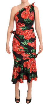 Robe noire en soie brillante à imprimé floral et drapée de Dolce &amp; Gabbana