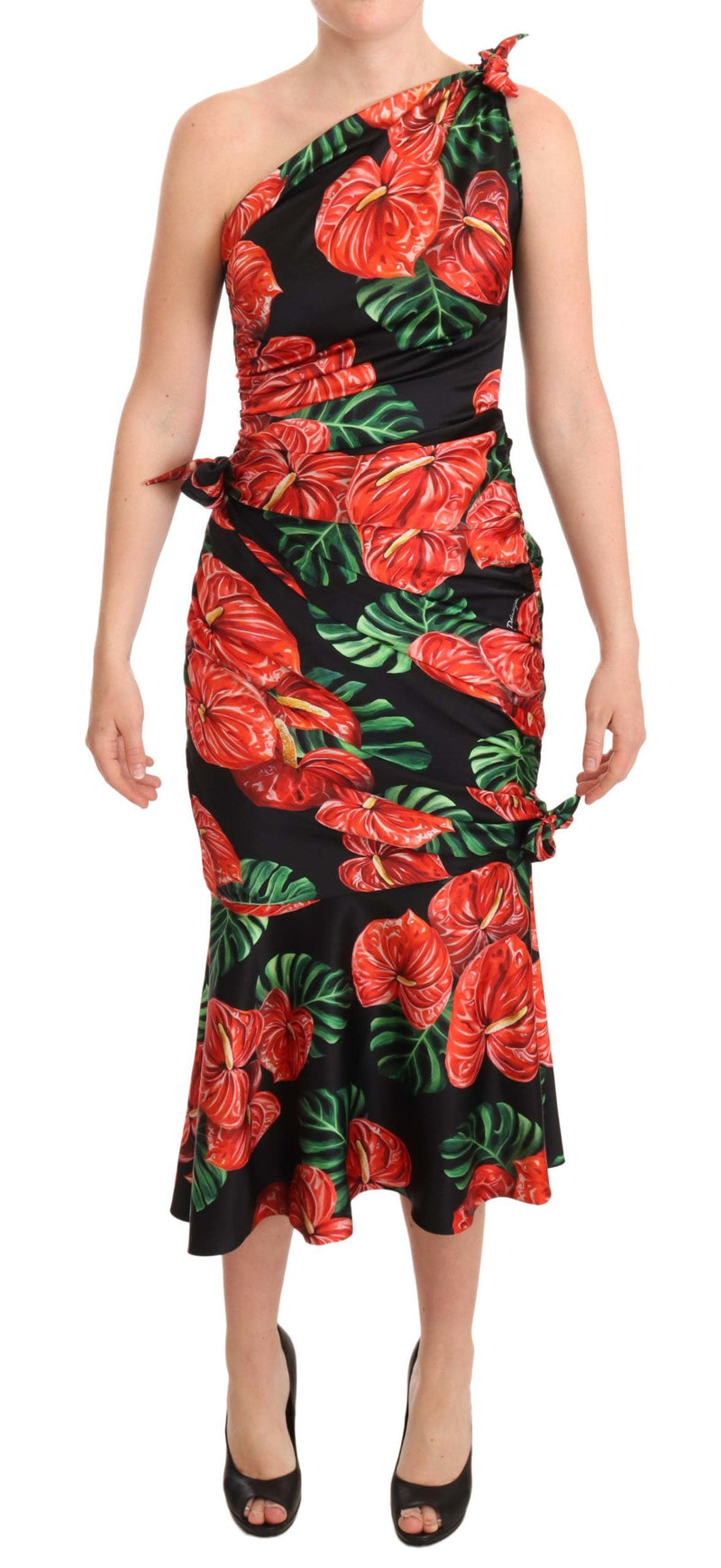 Robe noire en soie brillante à imprimé floral et drapée de Dolce &amp; Gabbana