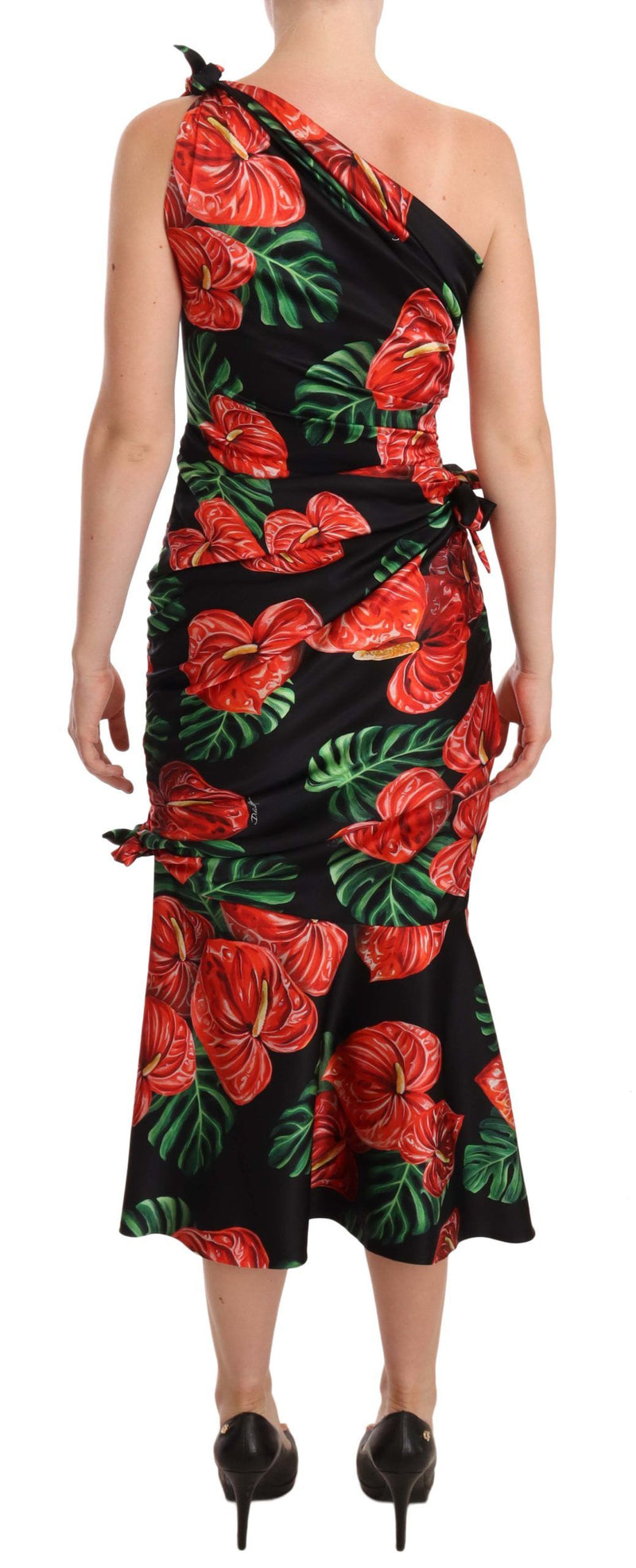 Robe noire en soie brillante à imprimé floral et drapée de Dolce &amp; Gabbana
