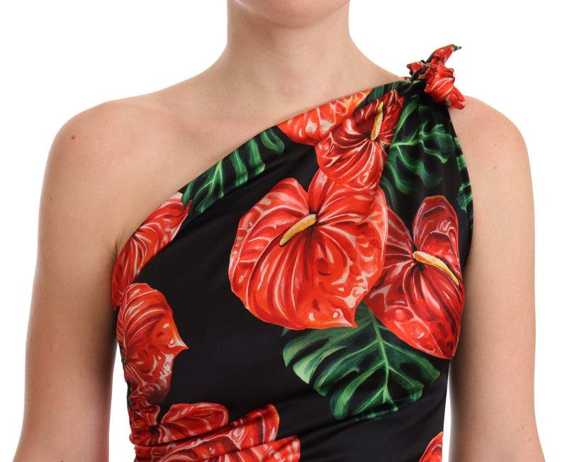 Robe noire en soie brillante à imprimé floral et drapée de Dolce &amp; Gabbana