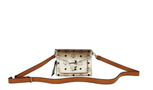 MCM Signature Berlin Goud Diamant Logo Lederen Mini Flap Lock Crossbody Handtas