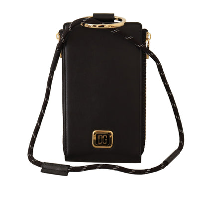 Portefeuille tour de cou en cuir noir Dolce &amp; Gabbana avec plaque logo et porte-cartes