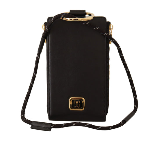 Portefeuille tour de cou en cuir noir Dolce &amp; Gabbana avec plaque logo et porte-cartes