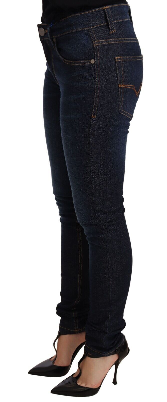 Jeans skinny en coton bleu foncé à taille basse de Versace