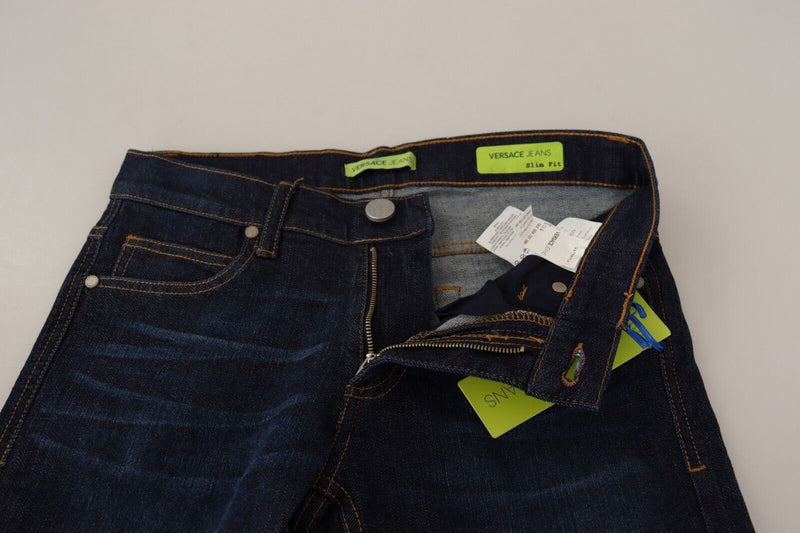 Jeans skinny en coton bleu foncé à taille basse de Versace