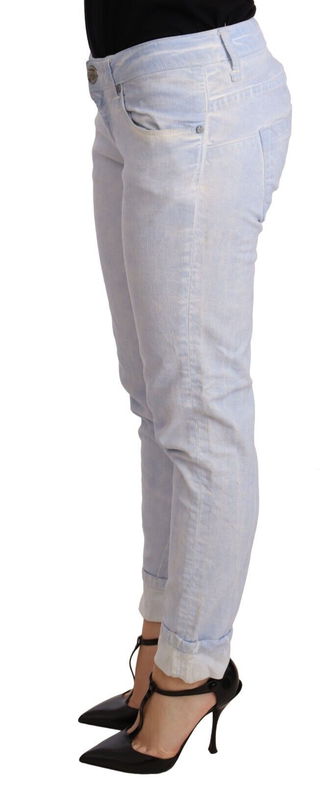 Acht Light Blue Cotton Folded Hem Denim Skinny Jeans for Women