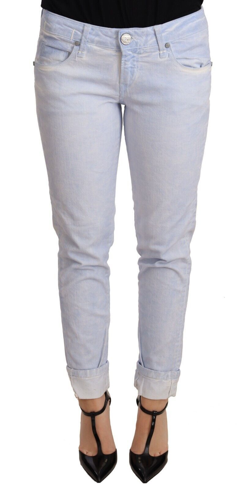 Acht Light Blue Cotton Folded Hem Denim Skinny Jeans for Women