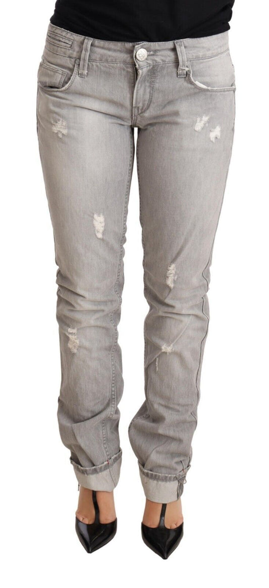 Jeans en jean pour femme, coupe slim, taille basse, effet déchiré, couleur gris, avec revers.
