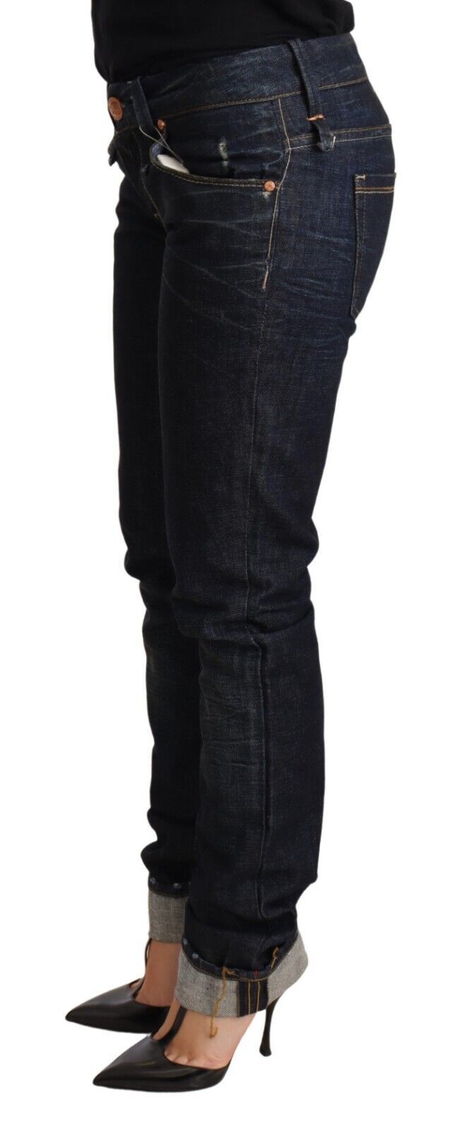 Pantalon en jean pour femme Acht, bleu foncé, coton, coupe slim, ourlet retroussé.
