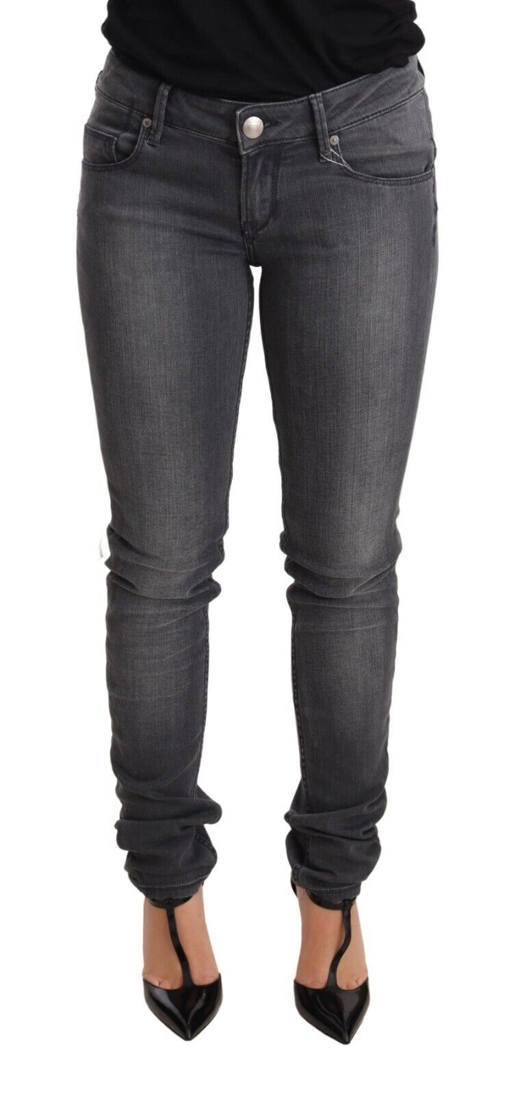 Pantalon en jean pour femme, taille basse, coupe slim, coton délavé gris, Acht.