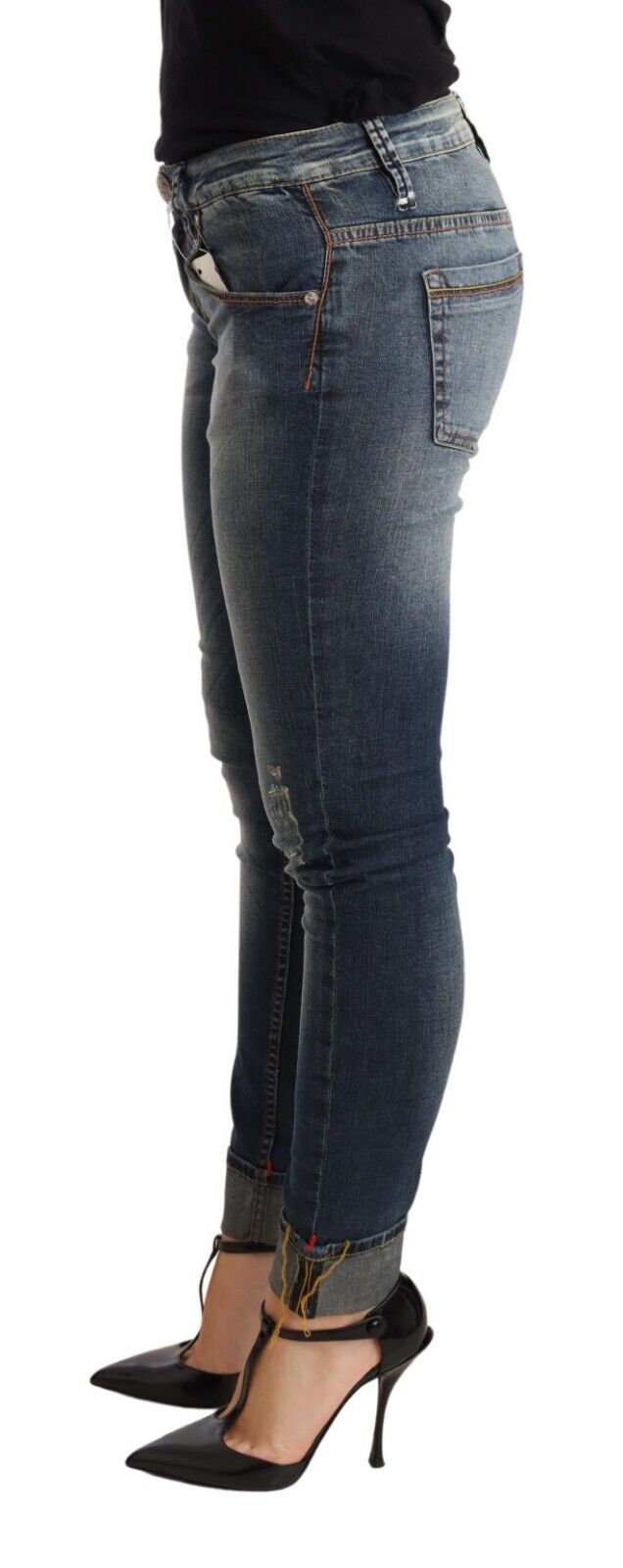 Acht Blue Washed Cotton Low Waist Skinny Denim Jeans for Women