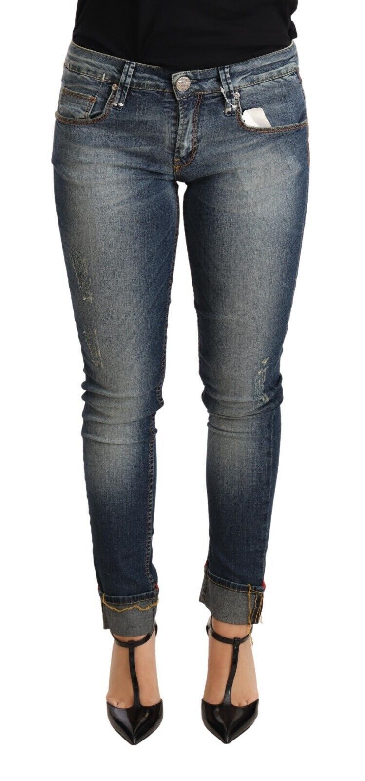 Acht Blue Washed Cotton Low Waist Skinny Denim Jeans for Women