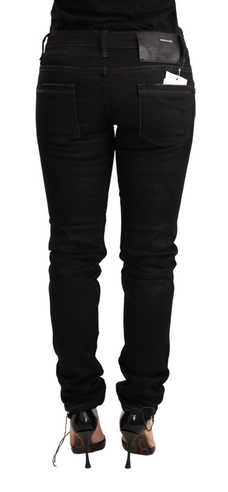 Jeans slim taille basse en coton noir délavé Acht
