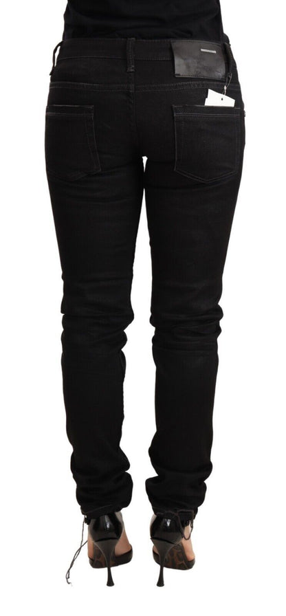 Jeans slim taille basse en coton noir délavé Acht