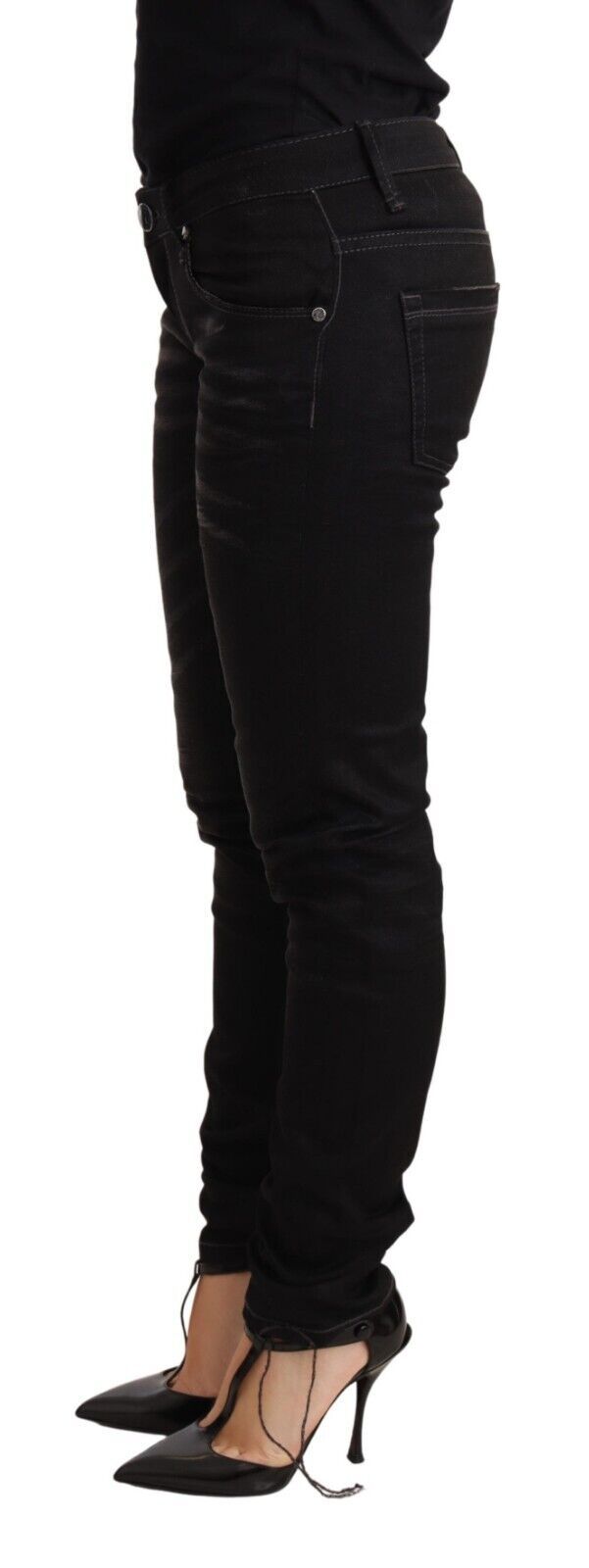 Jeans slim taille basse en coton noir délavé Acht