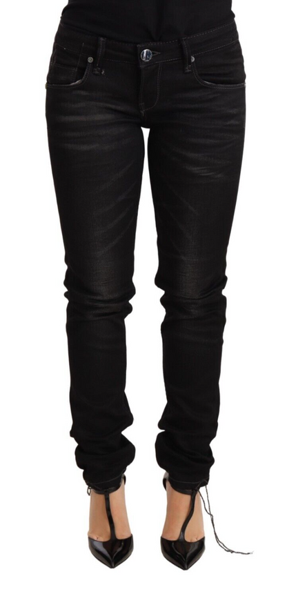 Jeans slim taille basse en coton noir délavé Acht
