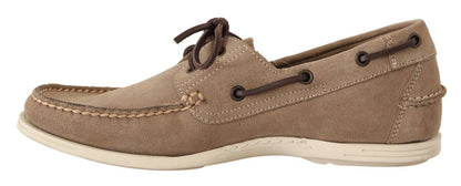 Chaussures décontractées homme, mocassins à bout rond en daim beige Pollini.