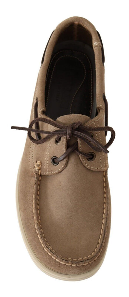 Chaussures décontractées homme, mocassins à bout rond en daim beige Pollini.