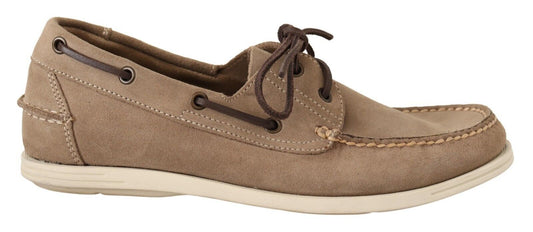 Chaussures décontractées homme, mocassins à bout rond en daim beige Pollini.