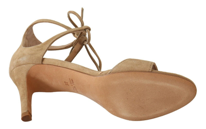 Maria Christina Beige Suede Leather Ankle Strap Pumps