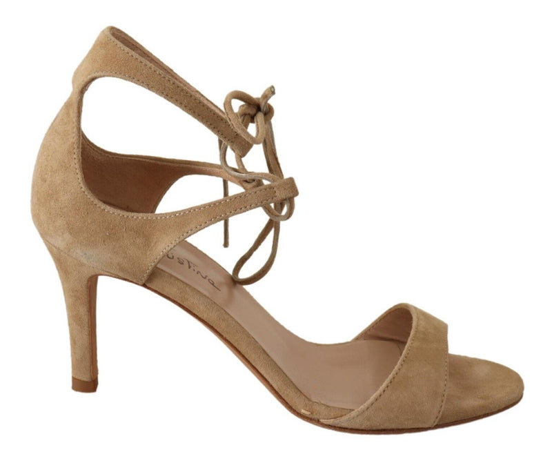 Maria Christina Beige Suede Leather Ankle Strap Pumps