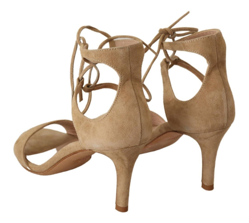 Maria Christina Beige Suede Leather Ankle Strap Pumps