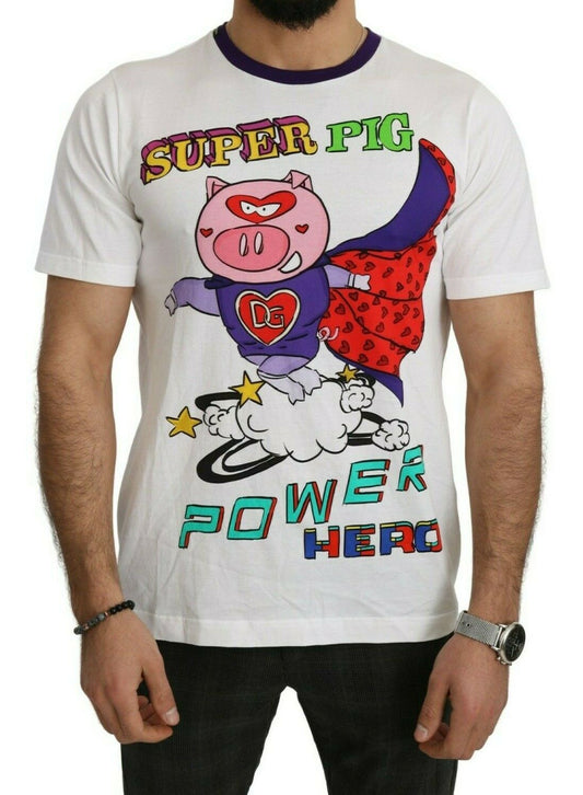 T-shirt blanc en coton à motif Super Power Pig de Dolce & Gabbana