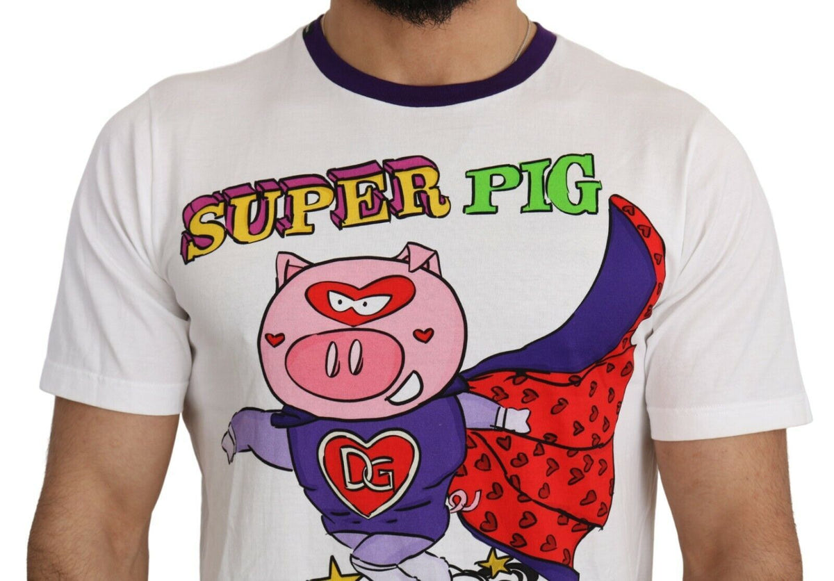 T-shirt blanc en coton à motif Super Power Pig de Dolce &amp; Gabbana