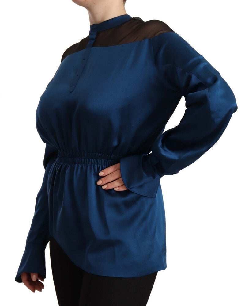 Masha Ma Blouse en Soie Bleue à Manches Longues et Taille Élastique