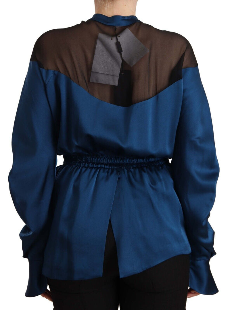 Masha Ma Blouse en Soie Bleue à Manches Longues et Taille Élastique